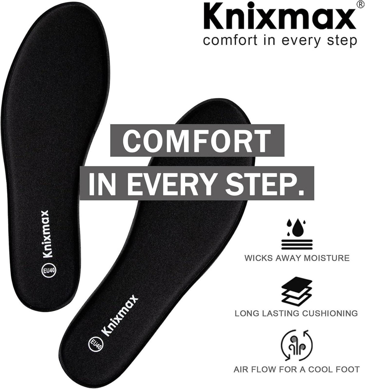 Knixmax Memory Schaum Einlegesohlen für Sport und Freizeit - Memory Foam Schwarz Gr.36-47EU