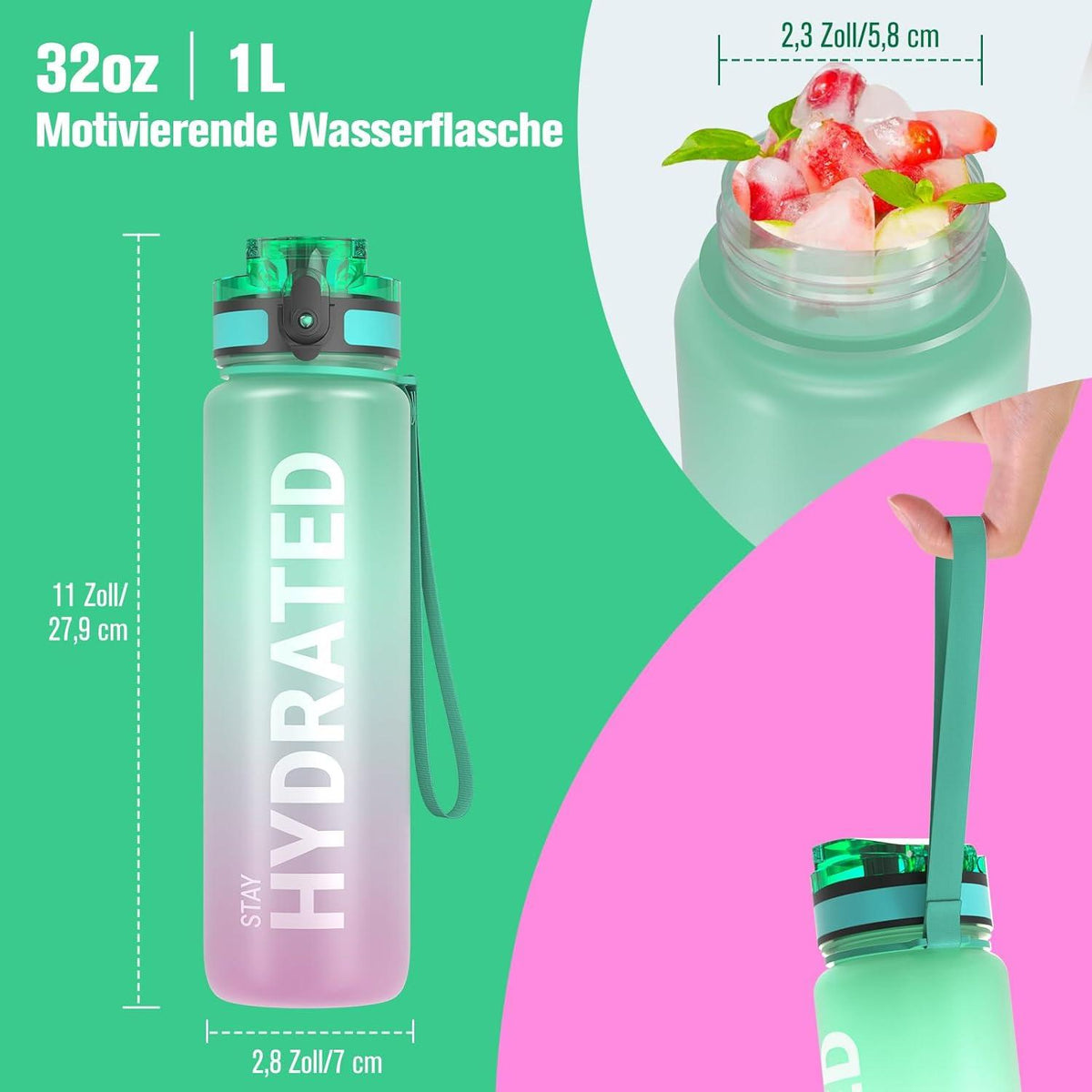 Sport Trinkflasche 1L Auslaufsicher BPA-frei Tritan Yoga Gym
