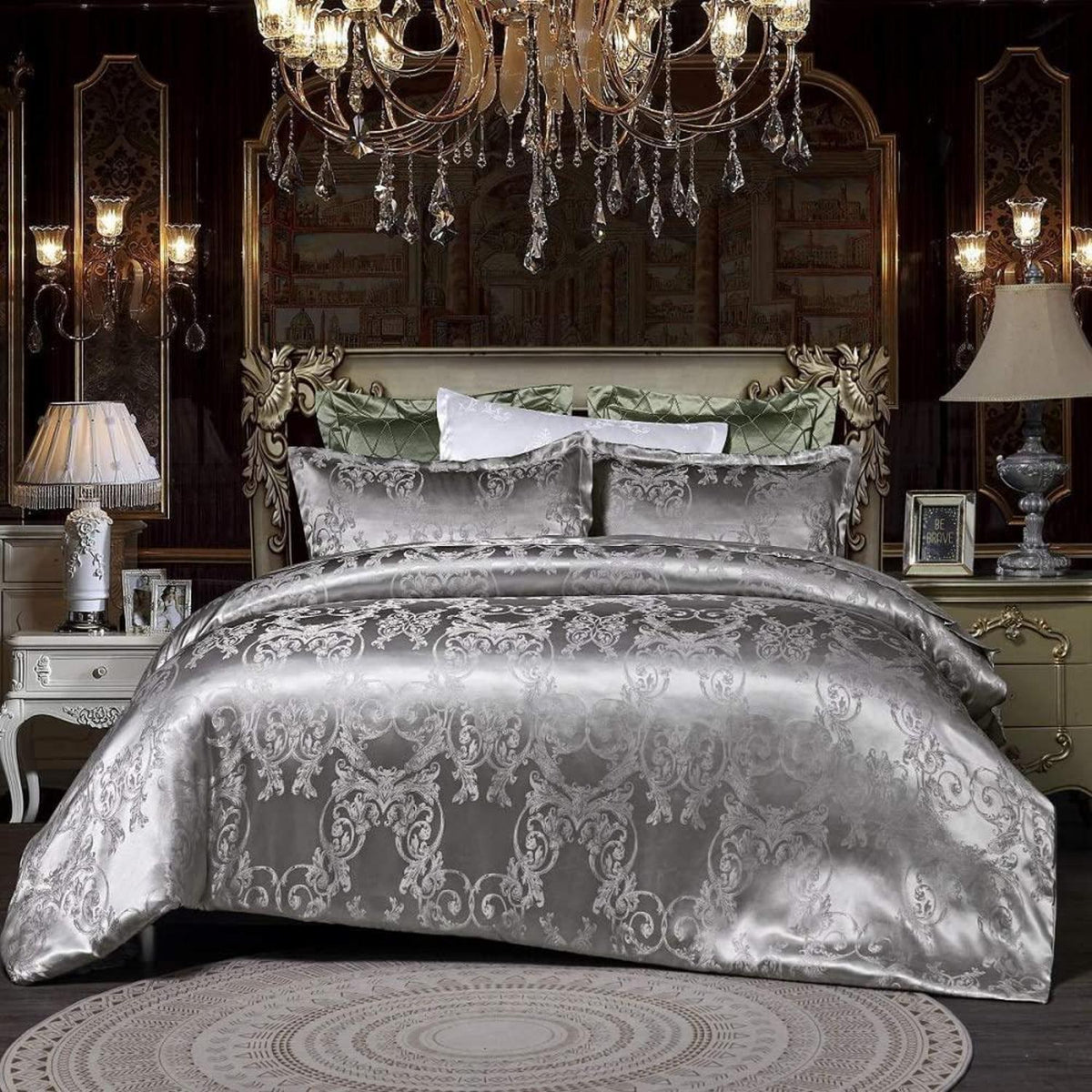 Satin Bettwäsche Set 135x200 Grau Blumen Jacquard Luxus