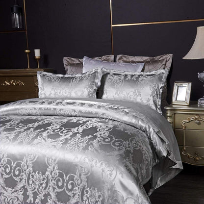 Satin Bettwäsche Set 135x200 Grau Blumen Jacquard Luxus