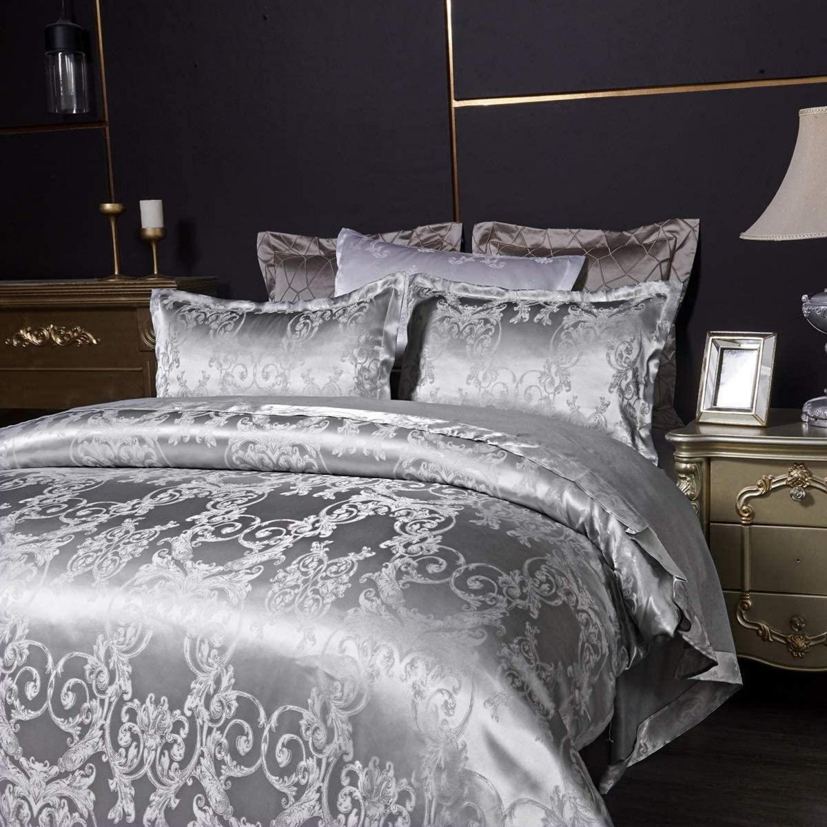 Silberne Bettwäsche 135x200 cm, 2-teilig, Grau, Satin & Jacquard