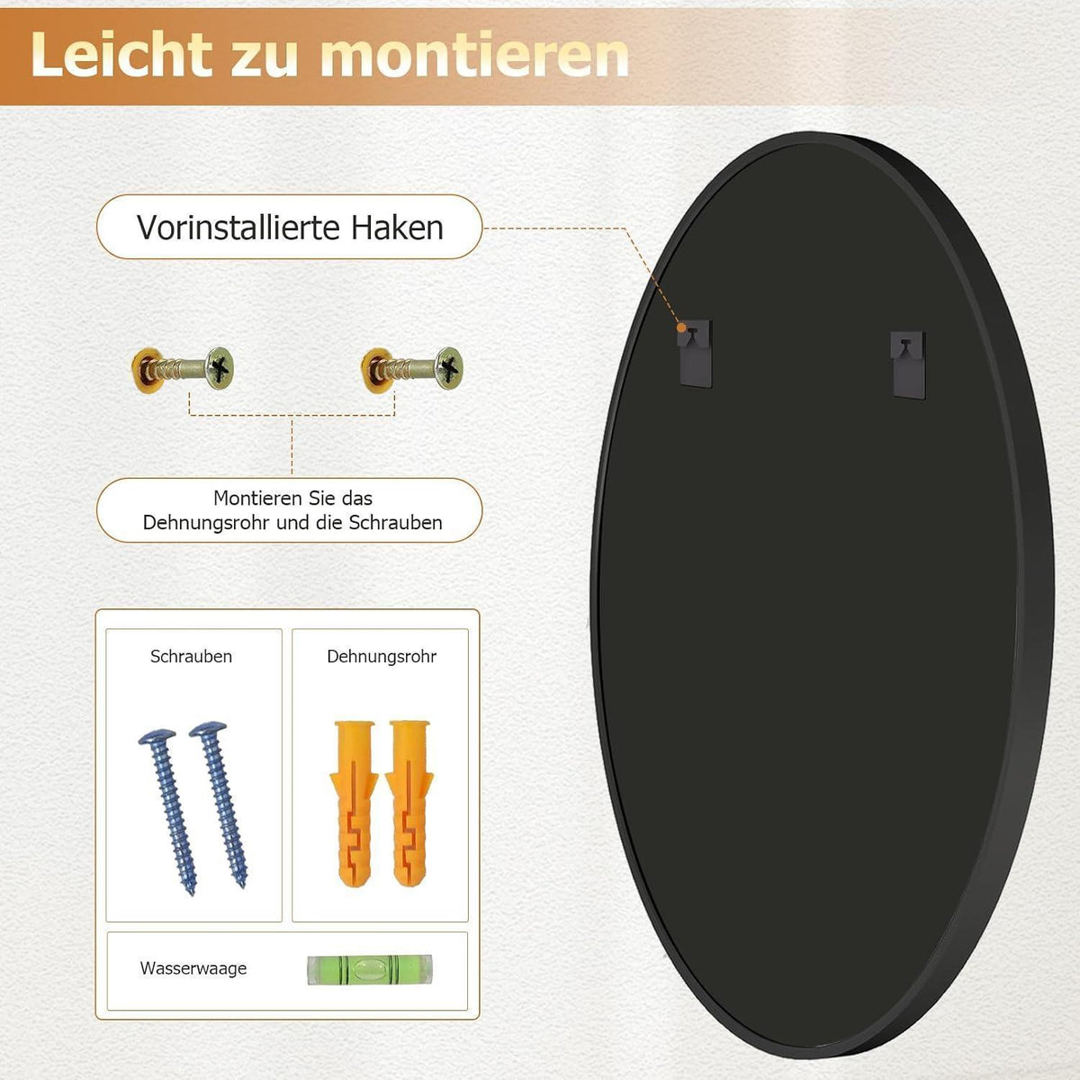 Runder Wandspiegel 91cm, Schwarz – Moderner Metallrahmen Spiegel