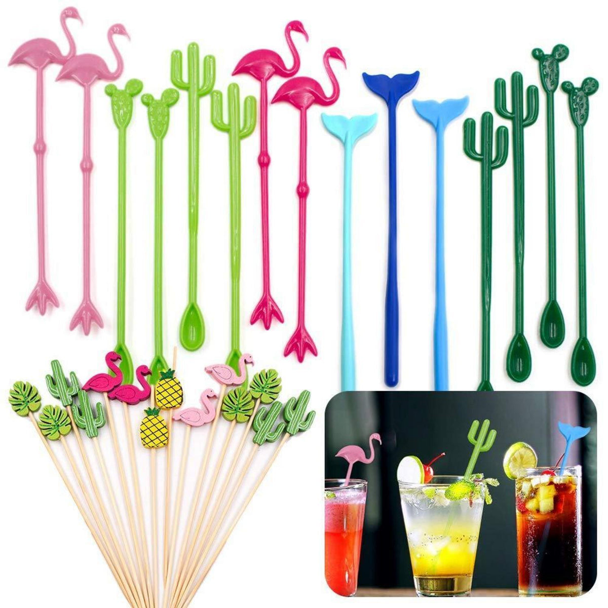 Tropische Cocktailspieße & Bambus-Rührer – 29er Set