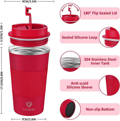CS COSDDI Thermobecher Isolierbecher Edelstahl 510ml Travel Mug Rot
