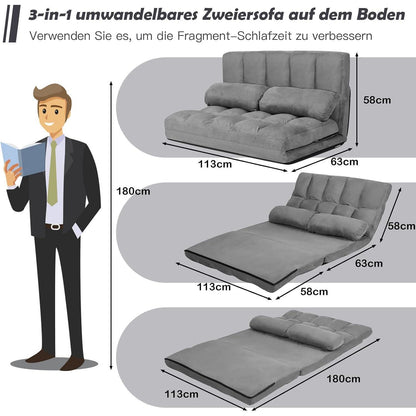 2-Sitzer Bodensofa mit Schlaffunktion & 6-stufiger Verstellung (Grau)