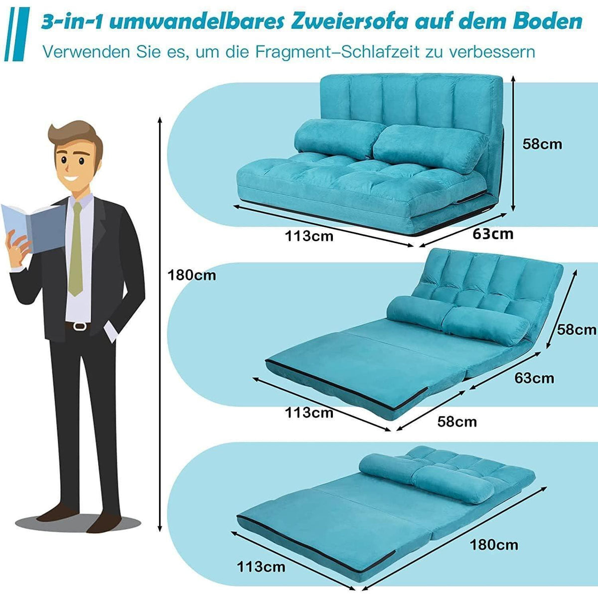 2-Sitzer Bodensofa mit Schlaffunktion & 6-stufiger Verstellung