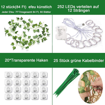 KASZOO 12 Stück Efeu Künstlich Lichterkette mit 252 LEDs