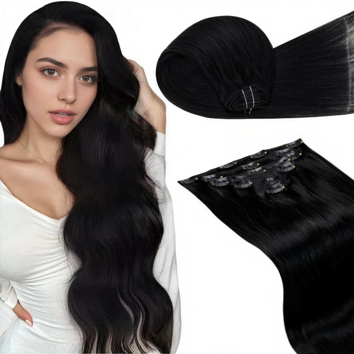 Echthaar Clip-In Extensions Schwarz 55cm - 7er Set