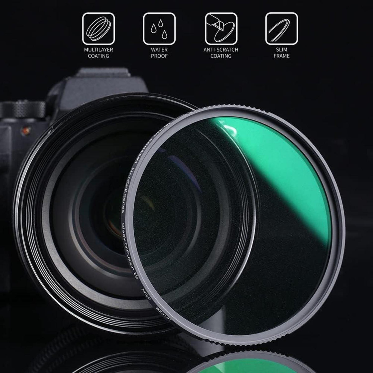 67mm Schwarz-Mist 1/8 Filter Optisches Glas 28x Nano-Beschichtung