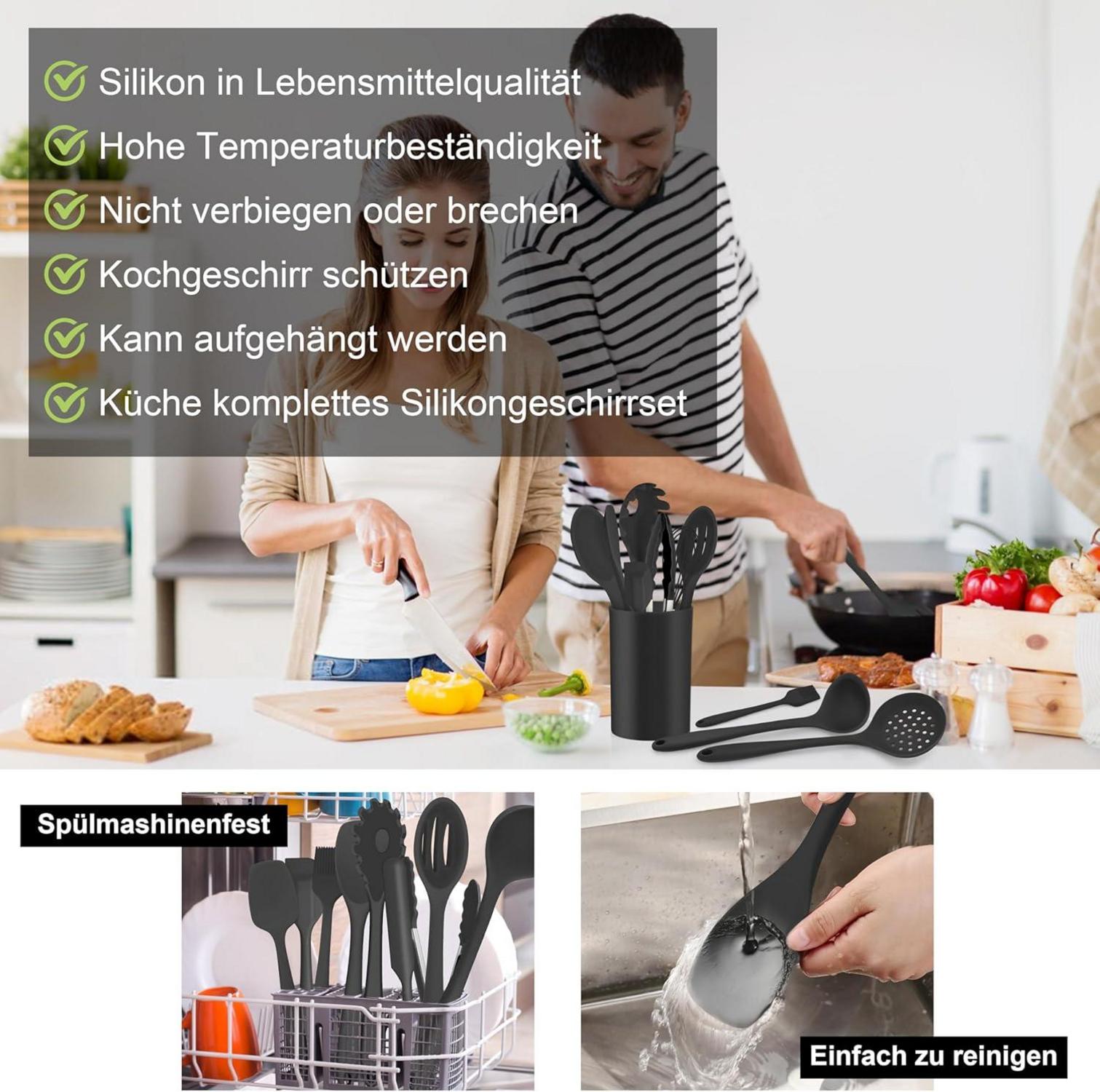 Silikon Küchenhelfer Set 15-teilig - Hitzebeständig Spülmaschinenfest Schwarz