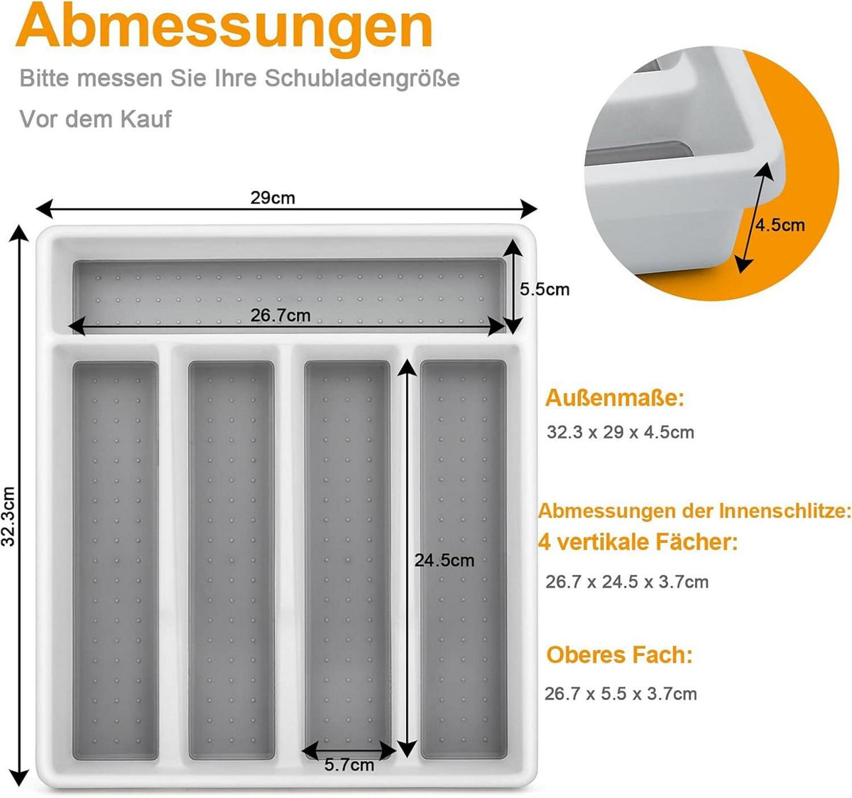 Besteckkasten für Schublade Plastik 5 Fächer Utensilienfach 32.6x29cm