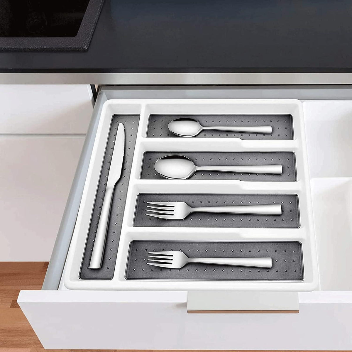 Besteckkasten für Schublade Plastik 5 Fächer Weiß & Grau 32.6x29cm