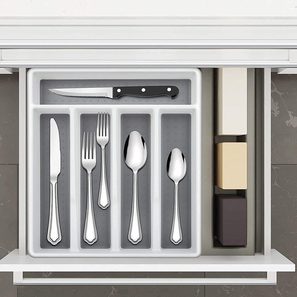 Besteckkasten Schublade Plastik Utensilienfach Weiß Grau 5 Fächer 32.6x29cm