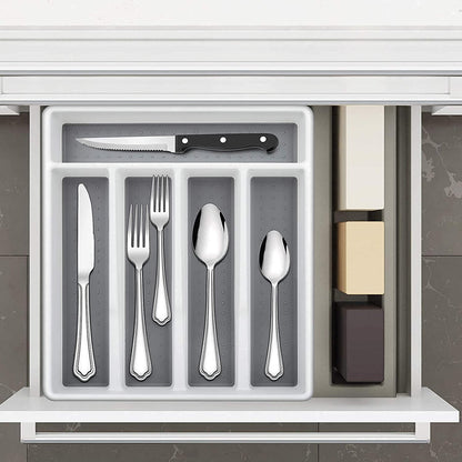 Besteckkasten Schublade Plastik Utensilienfach Weiß Grau 5 Fächer 32.6x29cm