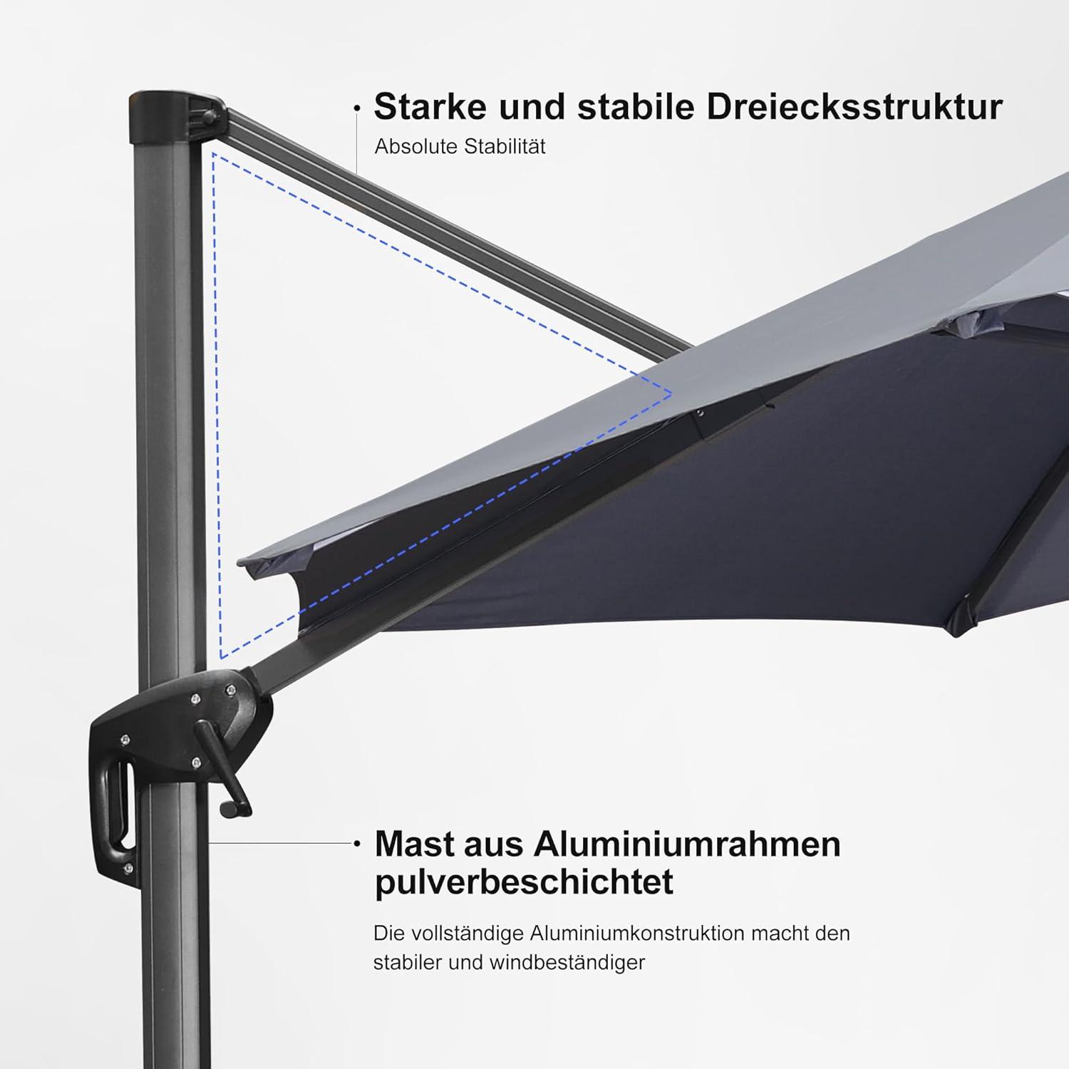 Sonnenschirm 250 x 250 cm grau, Ampelschirm mit Kurbel, 360° drehbar