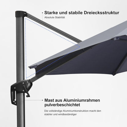 Sonnenschirm 250 x 250 cm grau, Ampelschirm mit Kurbel, 360° drehbar