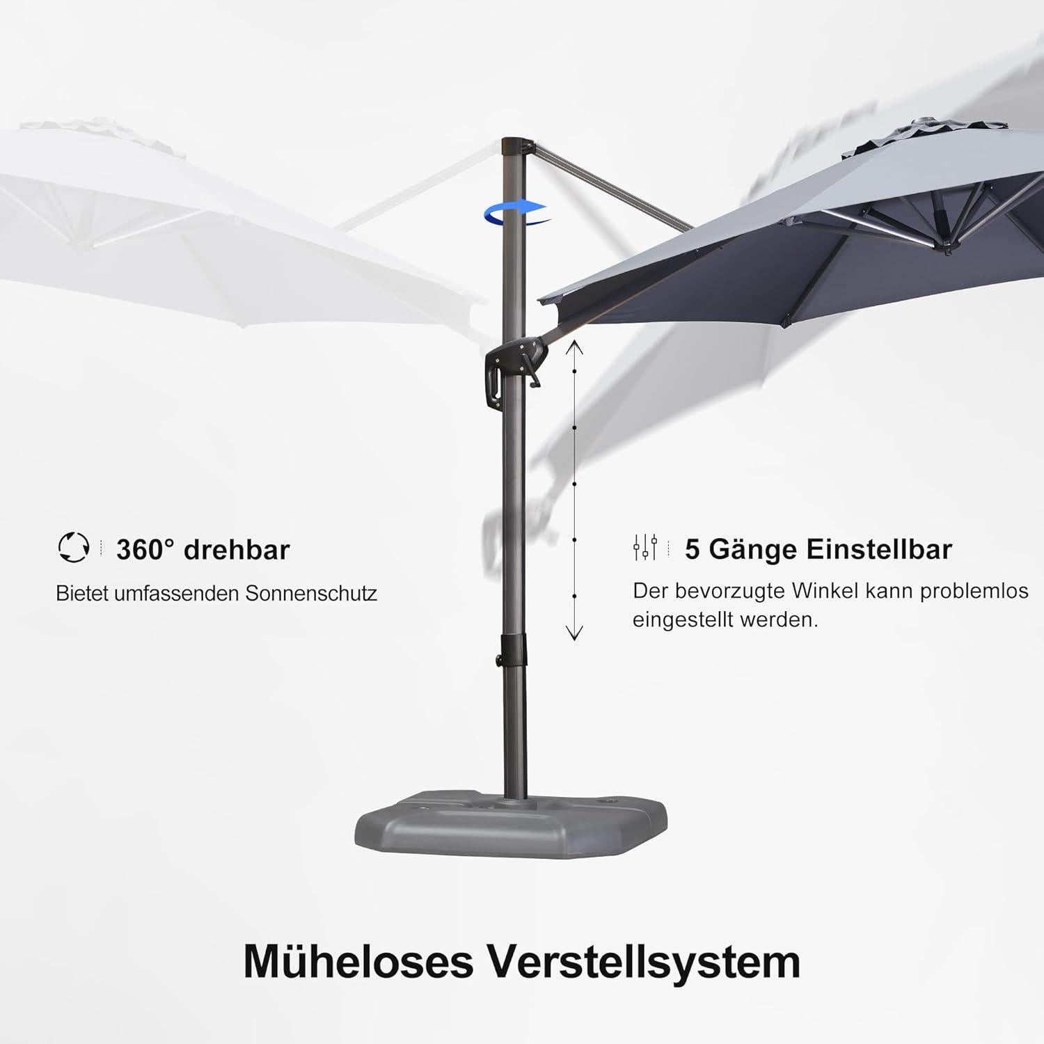 Großer 300cm Sonnenschirm Rund drehbar Fußpedal, Grau