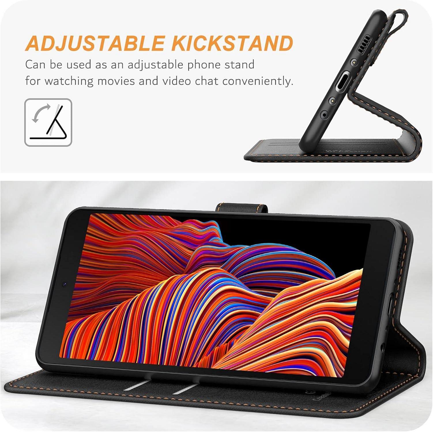 Ganbary Samsung Galaxy Xcover 5 Handyhülle Schwarz Leder Tasche mit Kartenschlitzen und Standfunktion