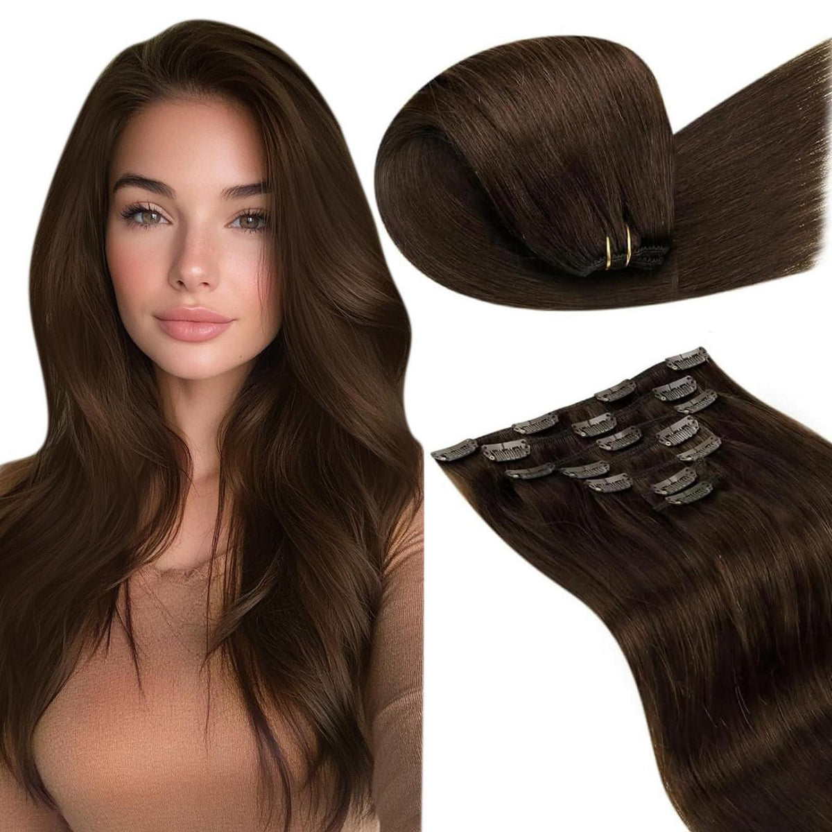 Echthaar Clip-In Braun – Haarverlängerung 45cm (7 Stück)