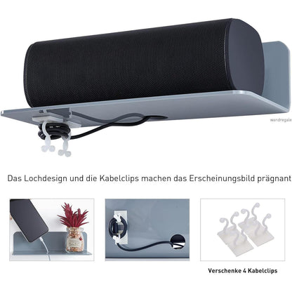 Acryl Wandregal Grau 2er Set mit Kabelclips, Bohrenfrei