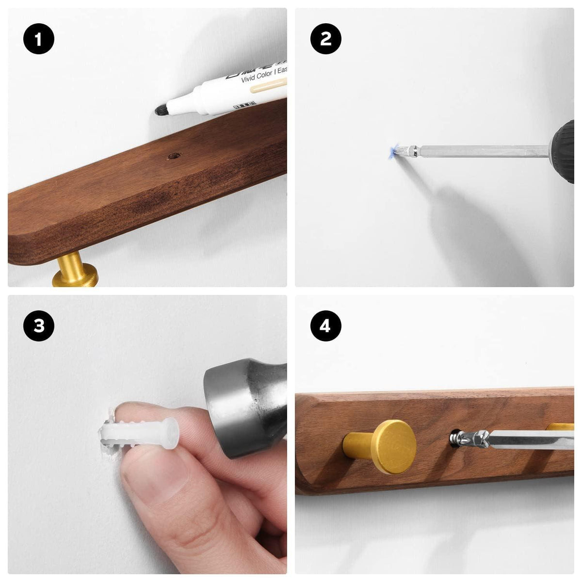 Wandgarderobe mit 4 Haken und Walnuss Holzsockel