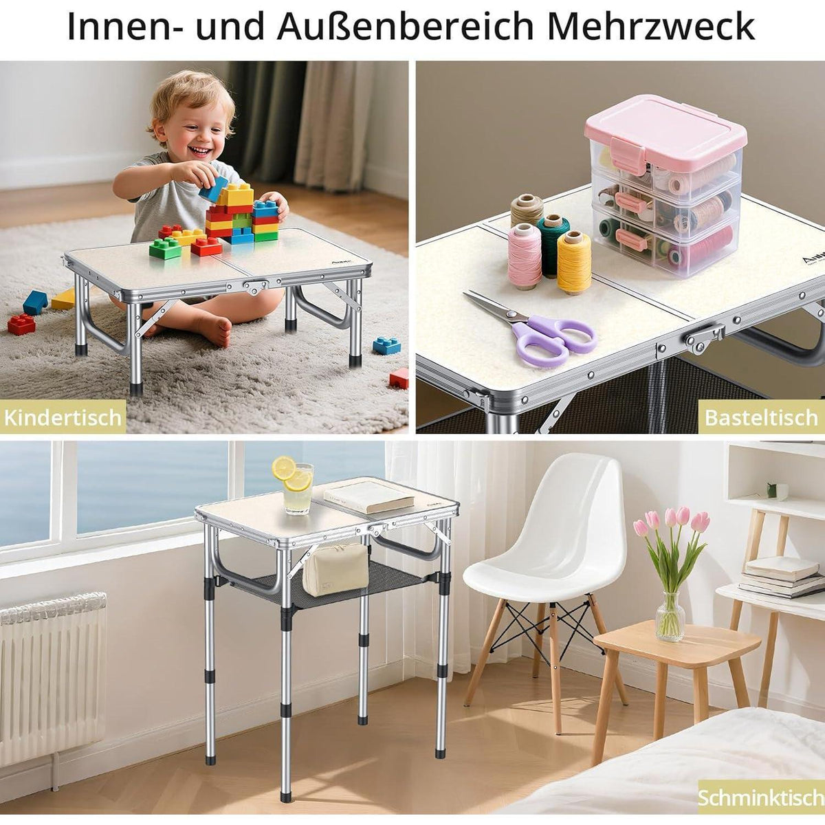 Campingtisch klappbar 60x40cm, 3 Höhen, mit Aufbewahrungsnetz, Weiß