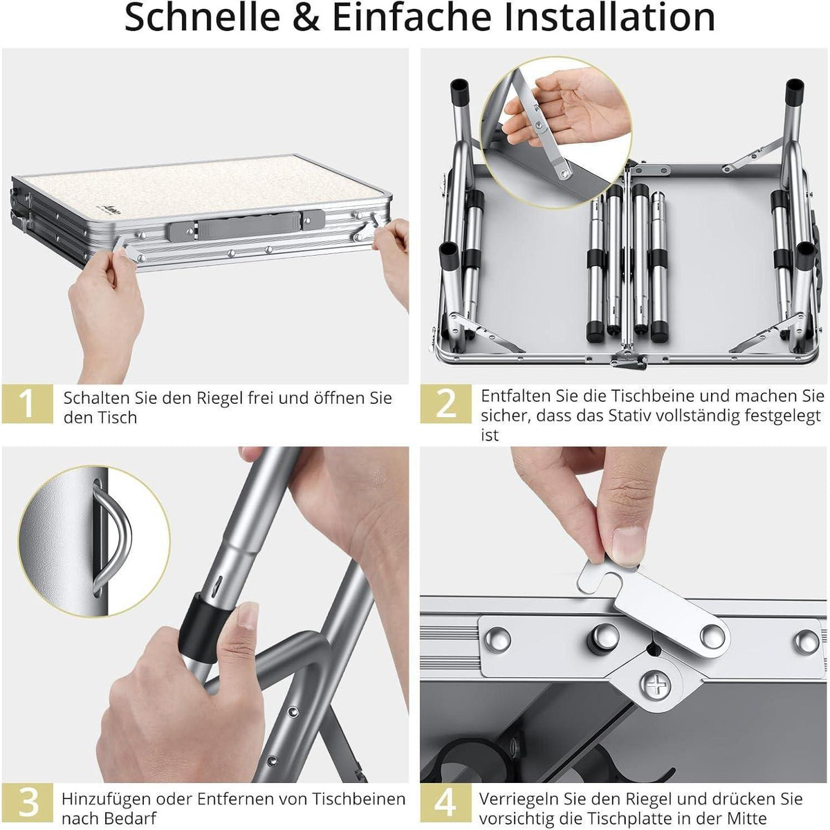 Campingtisch klappbar 60x40cm, 3 Höhen, mit Aufbewahrungsnetz, Weiß