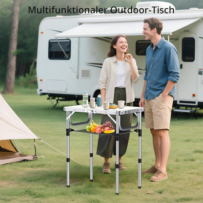 Campingtisch klappbar 60x40cm, 3 Höhen, mit Aufbewahrungsnetz, Weiß