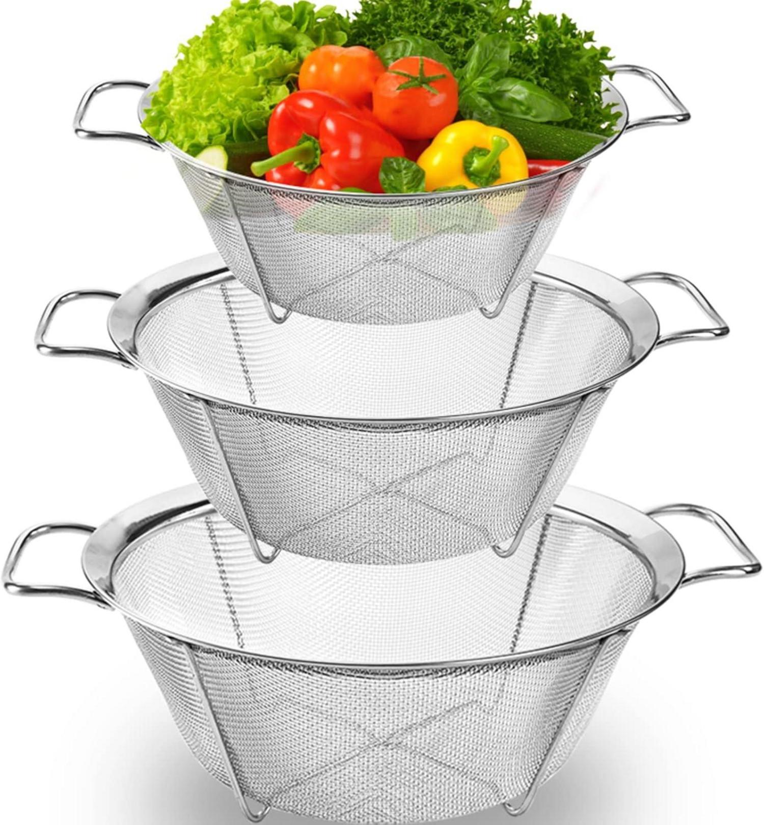 Edelstahl Sieb Küche 3er Set Mesh Korb Griff stapelbar 2,3/2,8/4,7 L