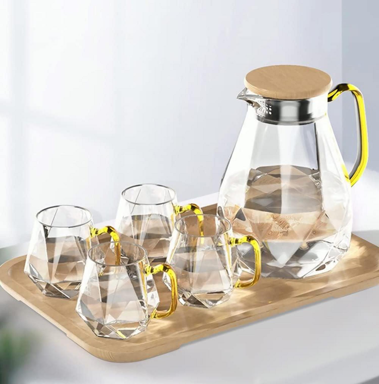 Glaskaraffe mit Deckel 2 Liter 4 Tassen Tablett Wasserkrug Diamant
