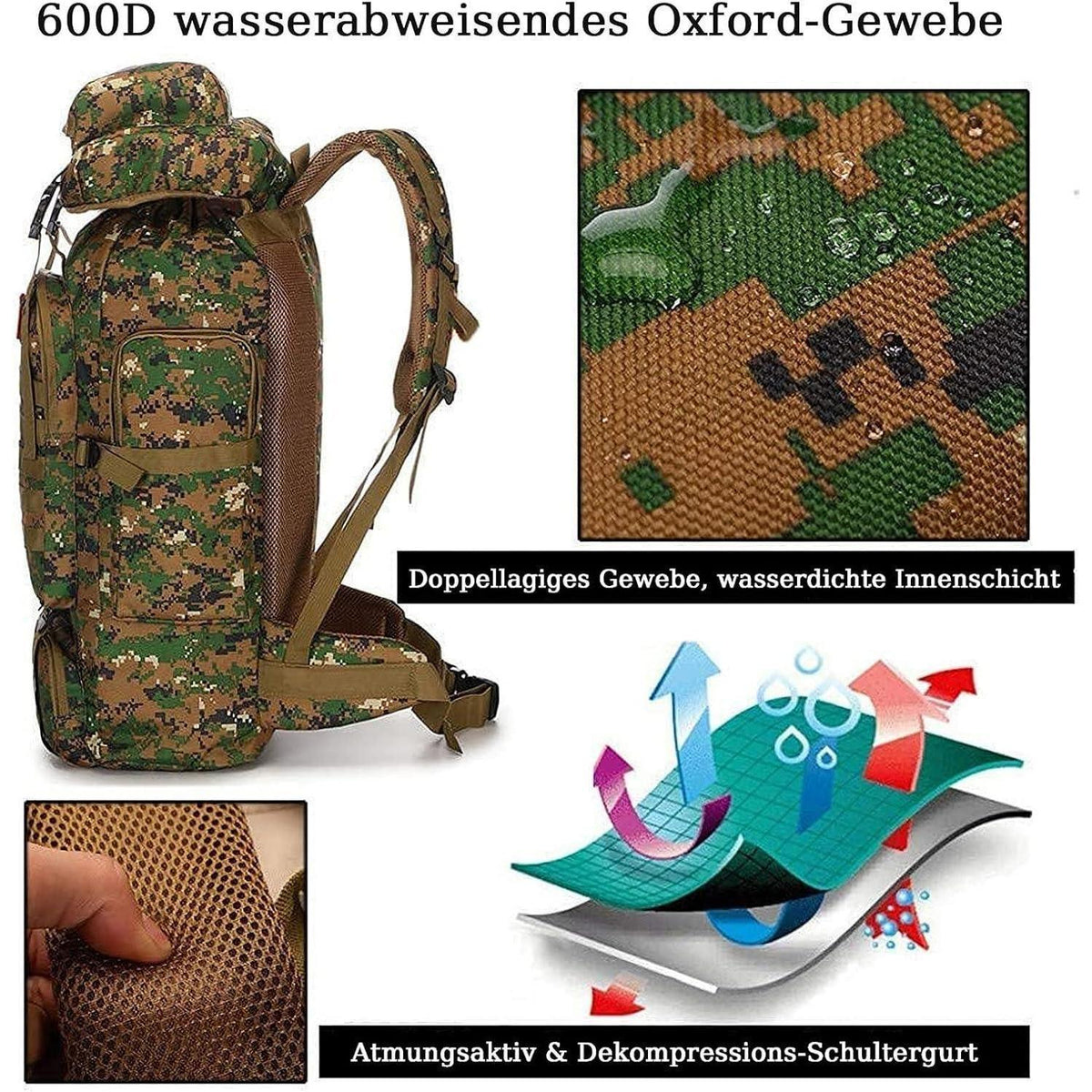 60-80L Wanderrucksack Jungle Camouflage | Wasserdicht | Herren & Damen