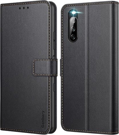 Sony Xperia 10 III Handyhülle Schwarz Leder Case mit Kartenschlitzen