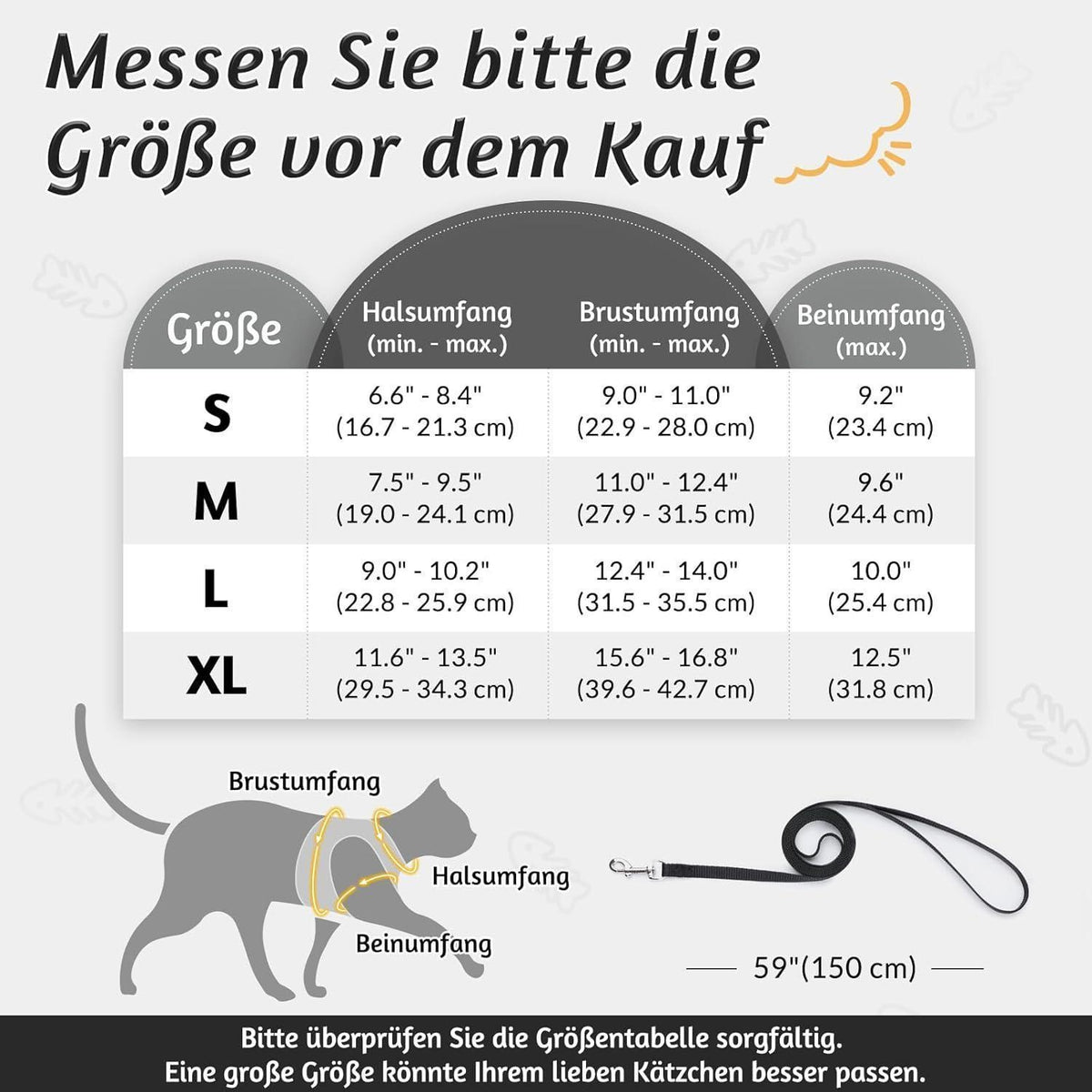 Katzengeschirr mit Leine, ausbruchsicher, verstellbar, L, Schwarz