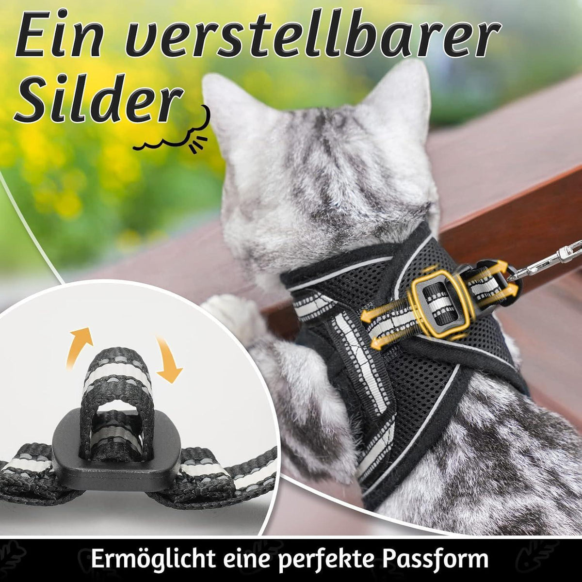 Katzengeschirr mit Leine, ausbruchsicher, verstellbar, L, Schwarz