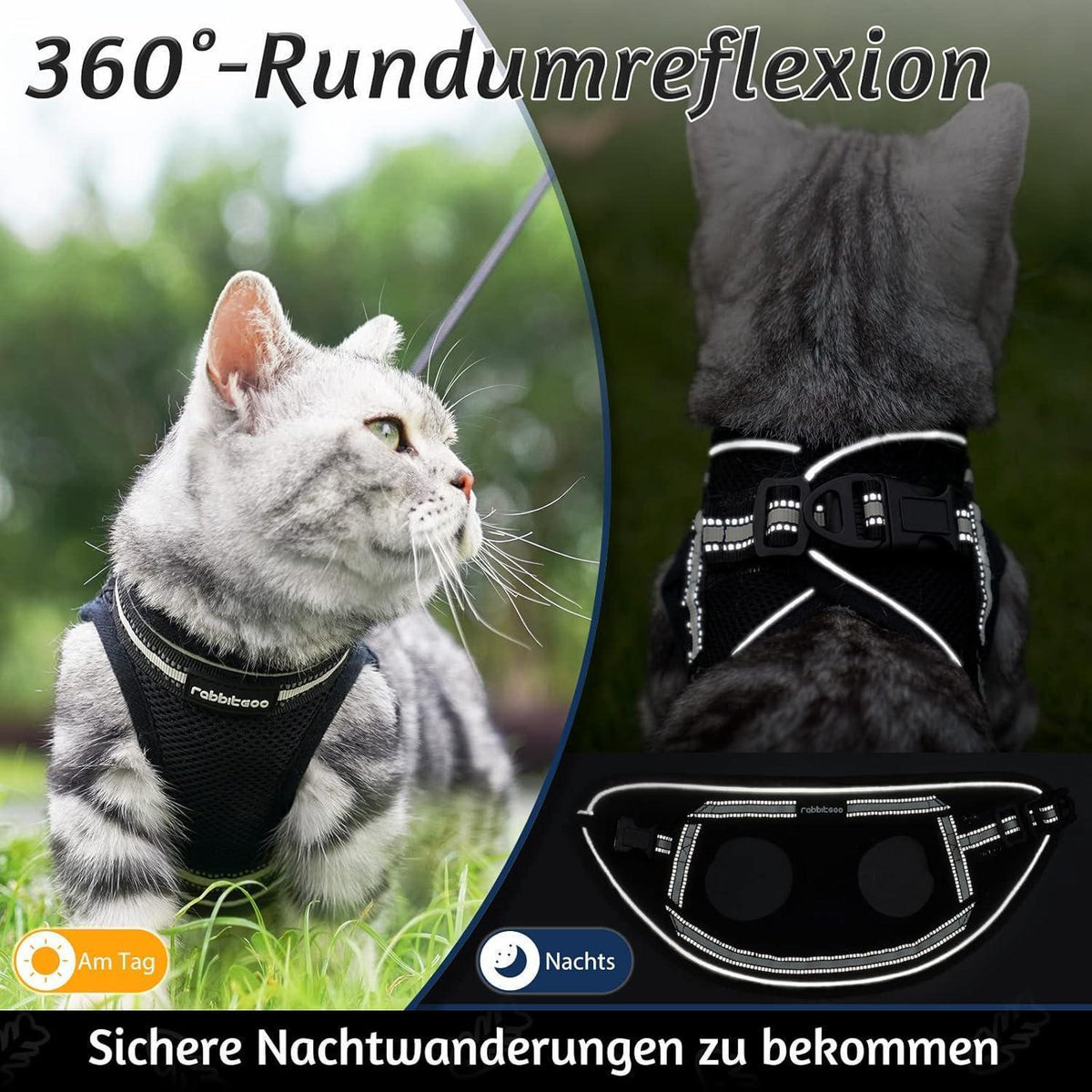 Katzengeschirr mit Leine, ausbruchsicher, verstellbar, L, Schwarz