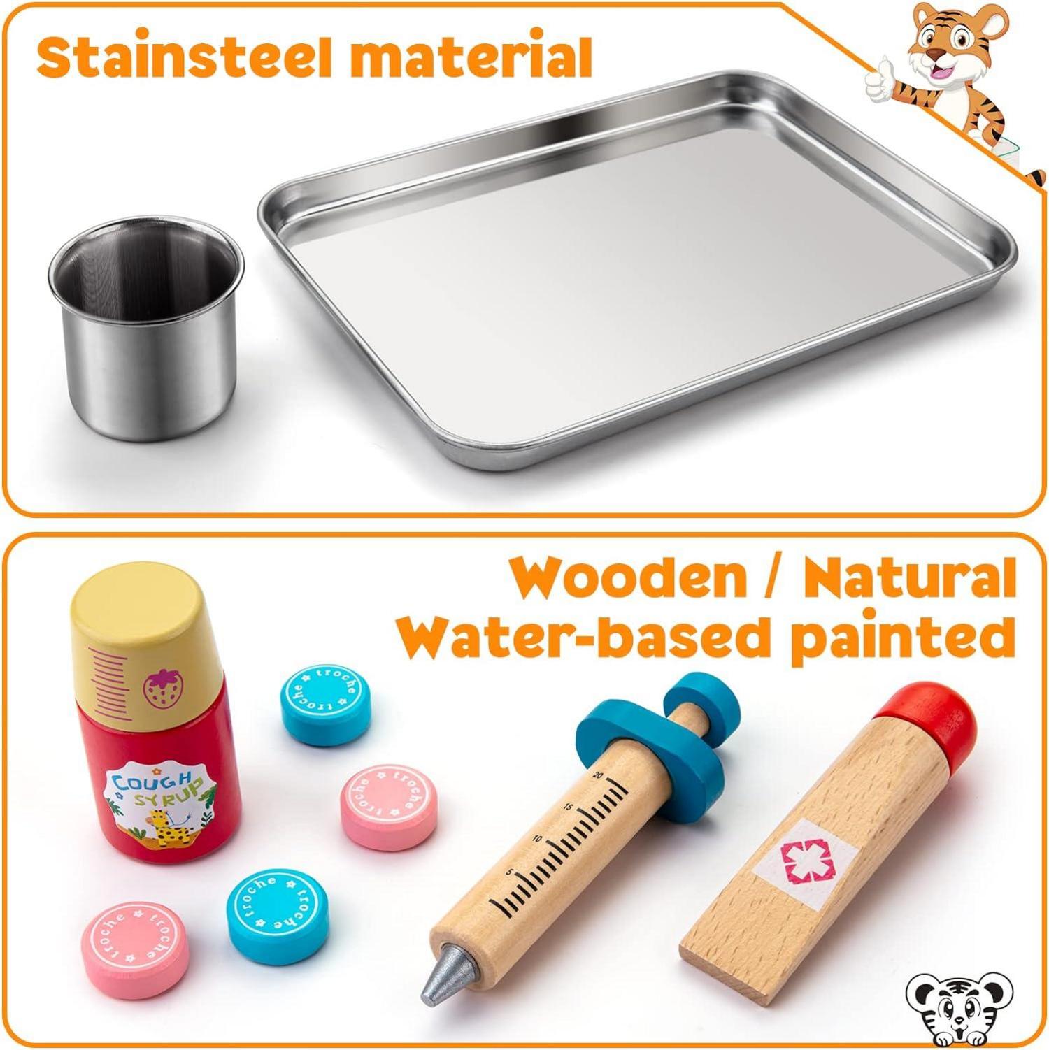 Kinder Arztkoffer Holz Spielzeug Set Stethoskop Thermometer Spritze ab 3 Jahren