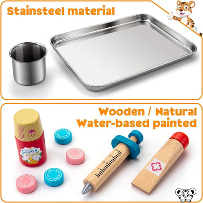 Kinder Arztkoffer Holz Spielzeug Set Stethoskop Thermometer Spritze ab 3 Jahren
