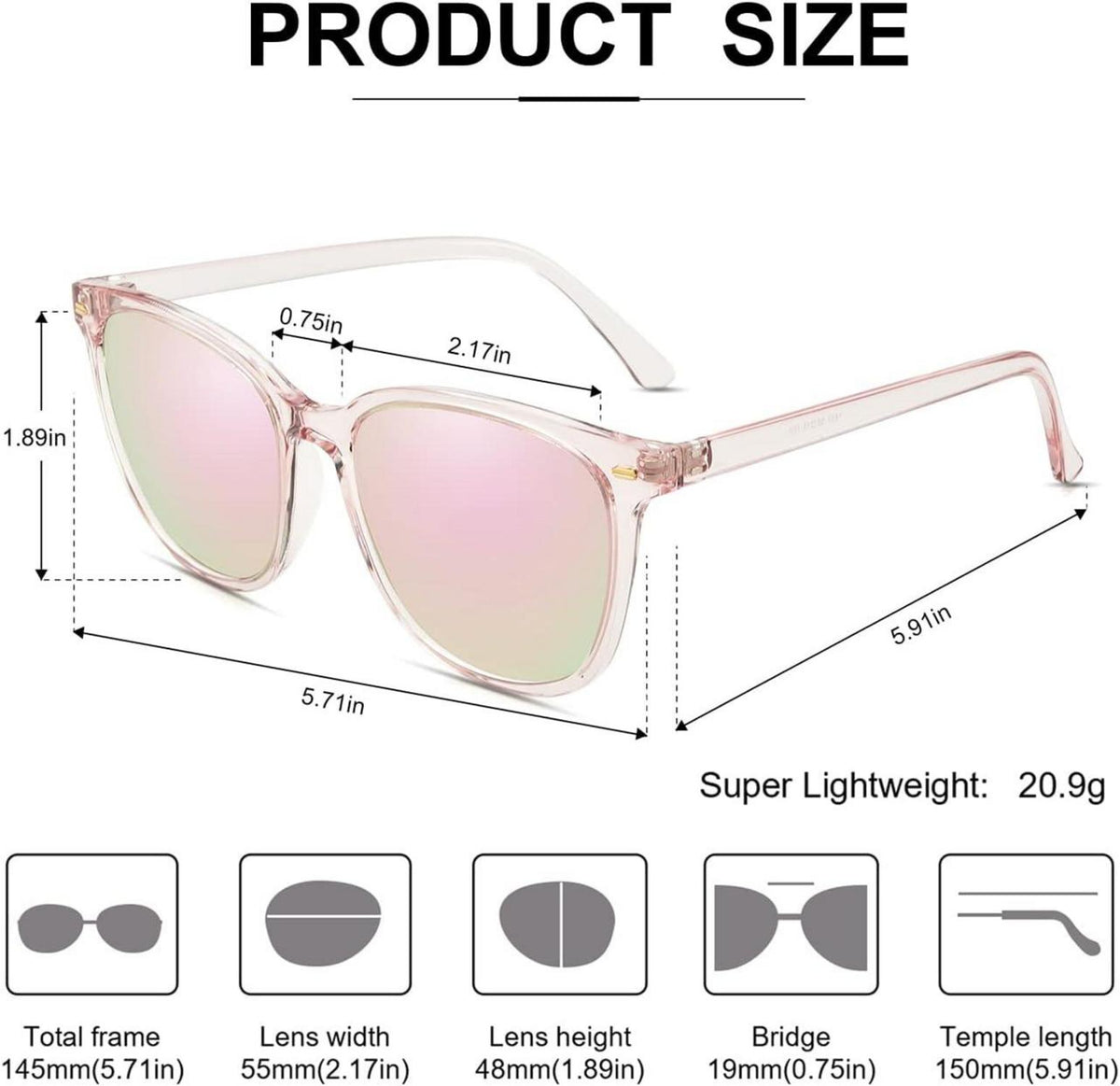 Damen Sonnenbrille Polarisiert Groß UV400 Schutz Verspiegelt Rosa