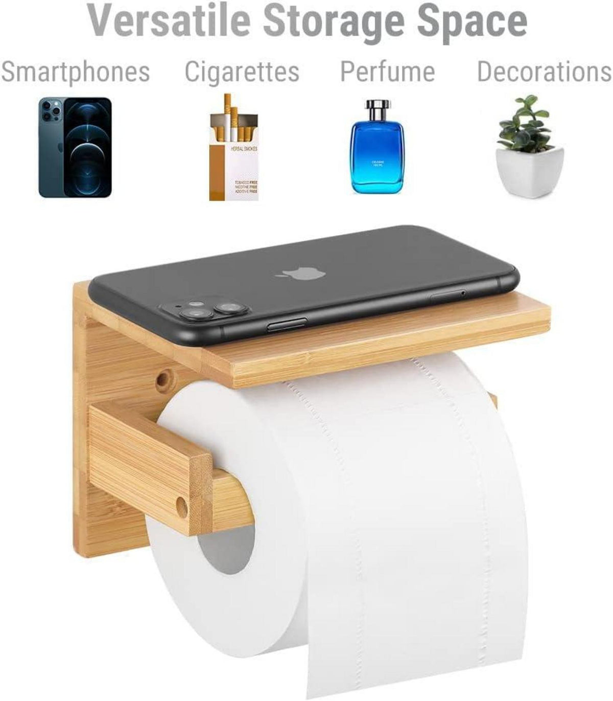Toilettenpapierhalter Bambus Wandhalter mit Regal WC Küche Badzimmer