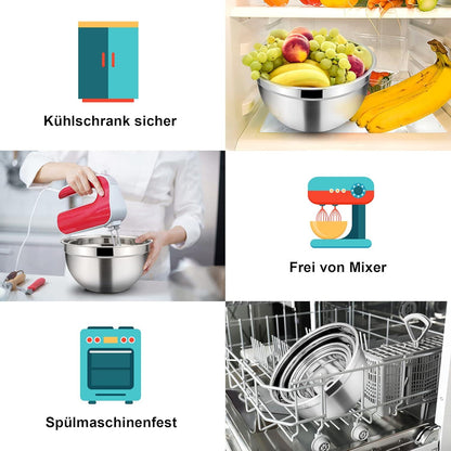 Homikit 5 Stück Edelstahl Rührschüssel Set mit Deckel, Stapelbar, Spülmaschinenfest