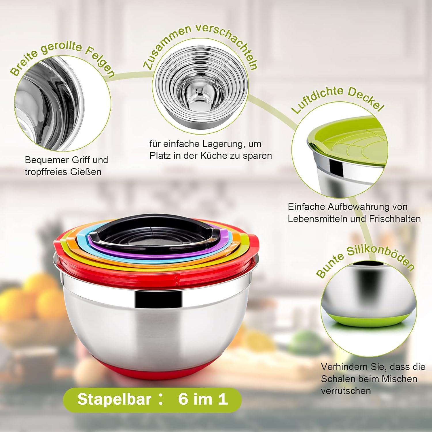 Edelstahl Rührschüssel Salatschüssel 6er Set Luftdicht Stapelbar 4.6L