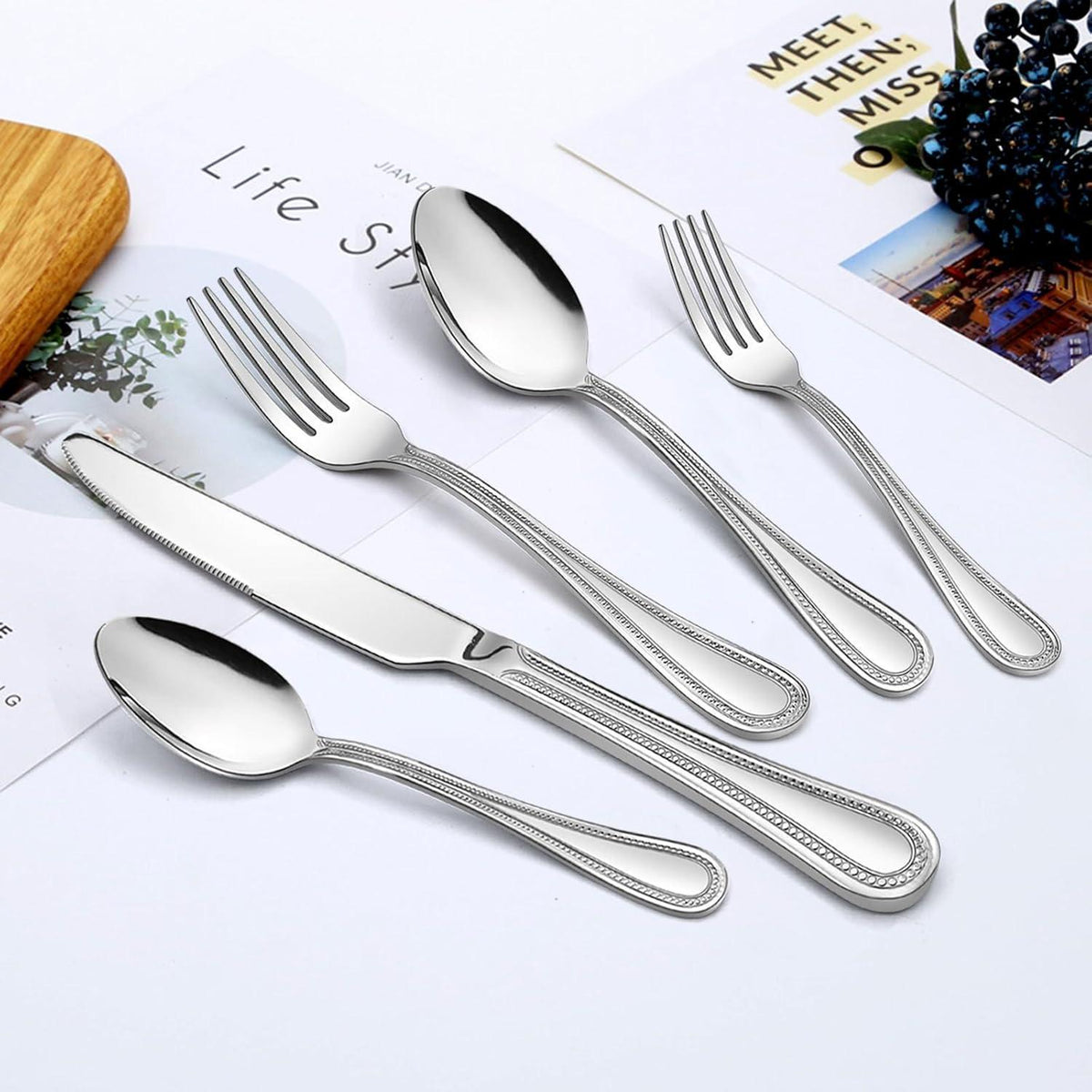 Besteckset 30-teilig für 6 Personen, Edelstahl poliert, Perlenrand