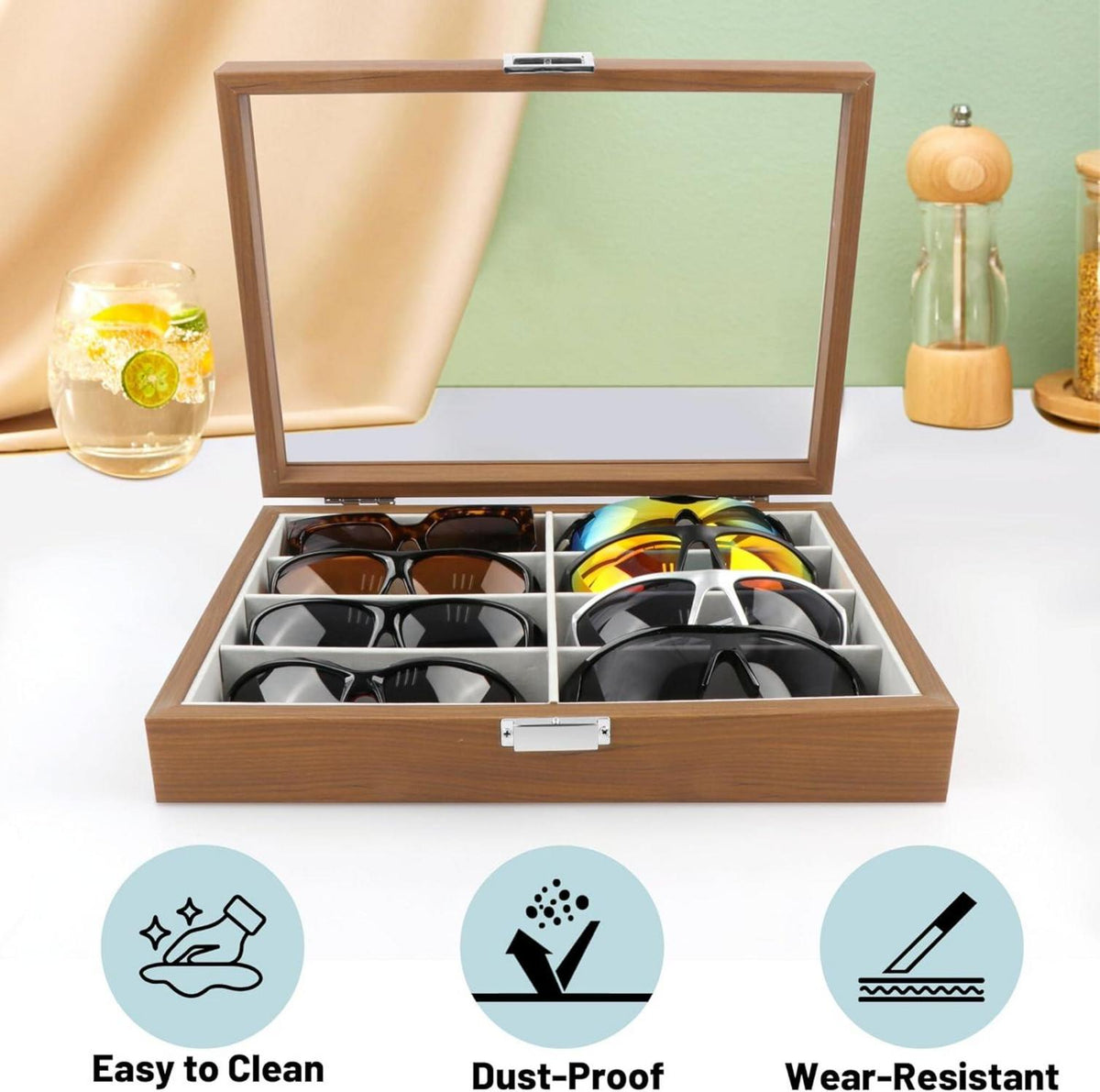 Brillen Organizer Etui Holzfarbe 8 Slot Aufbewahrungsbox Display