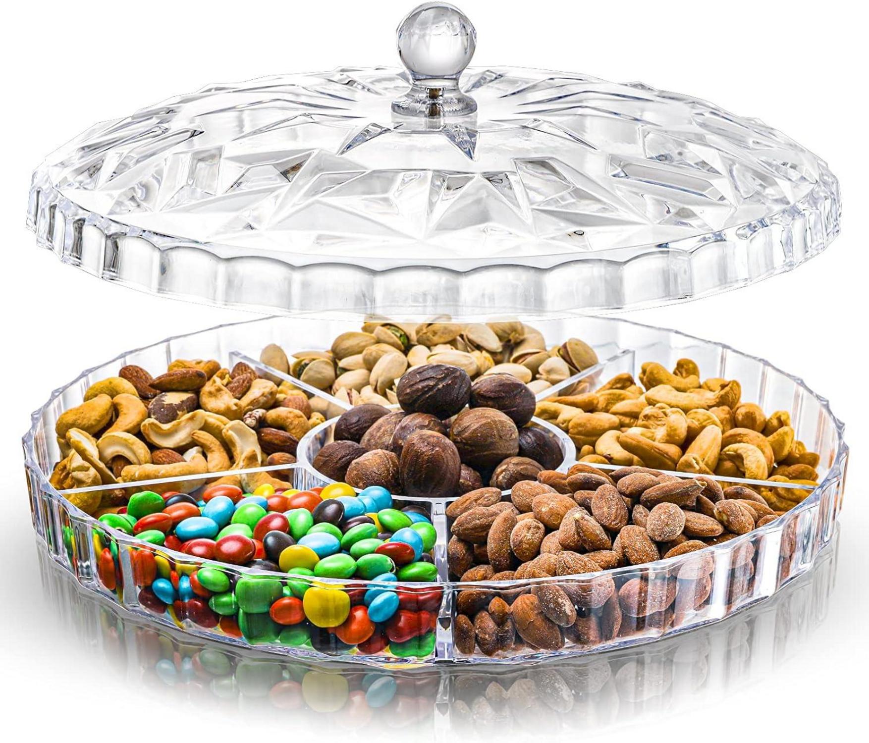 Snack-Serviertablett mit Deckel, 6 Fächer, rund, Kunststoff 30.5 cm