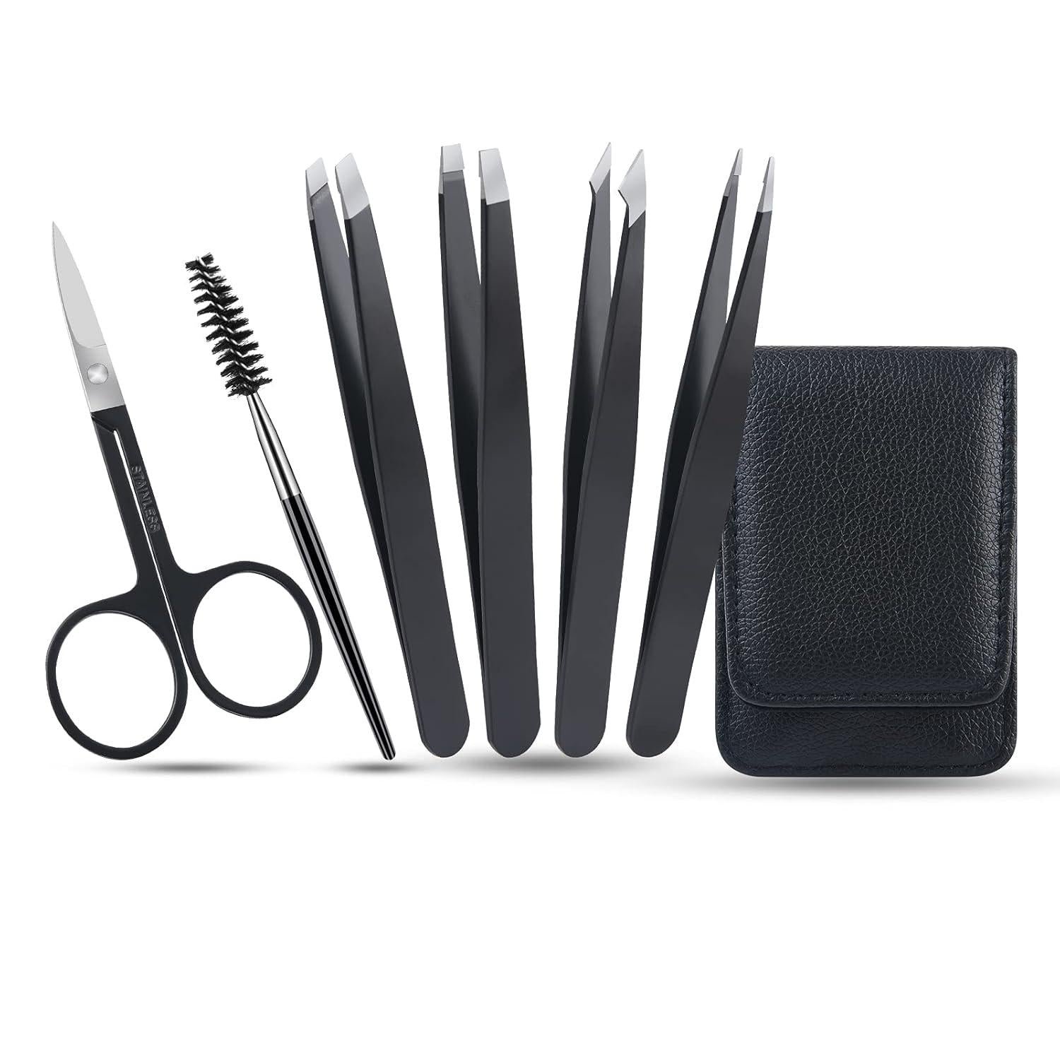 Pinzetten Set 6tlg Augenbrauen Zupfpinzette Schrägspitze Schere Ledertasche