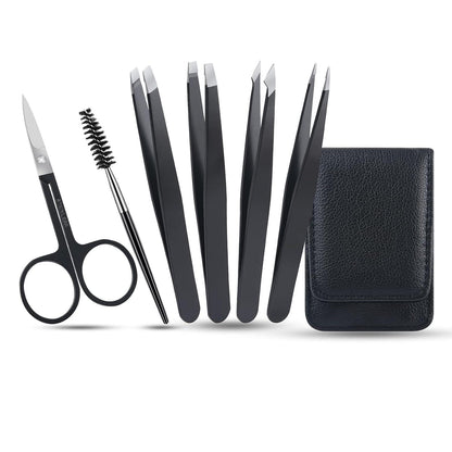 Pinzetten Set 6tlg Augenbrauen Zupfpinzette Schrägspitze Schere Ledertasche