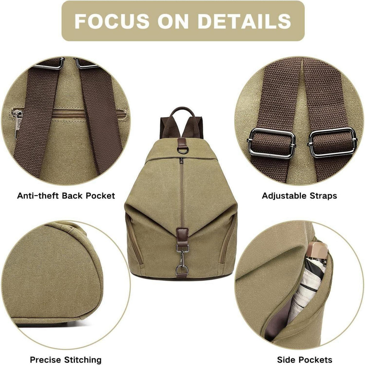 Canvas Rucksack Damen Vintage Daypack mit vielen Fächern Khaki