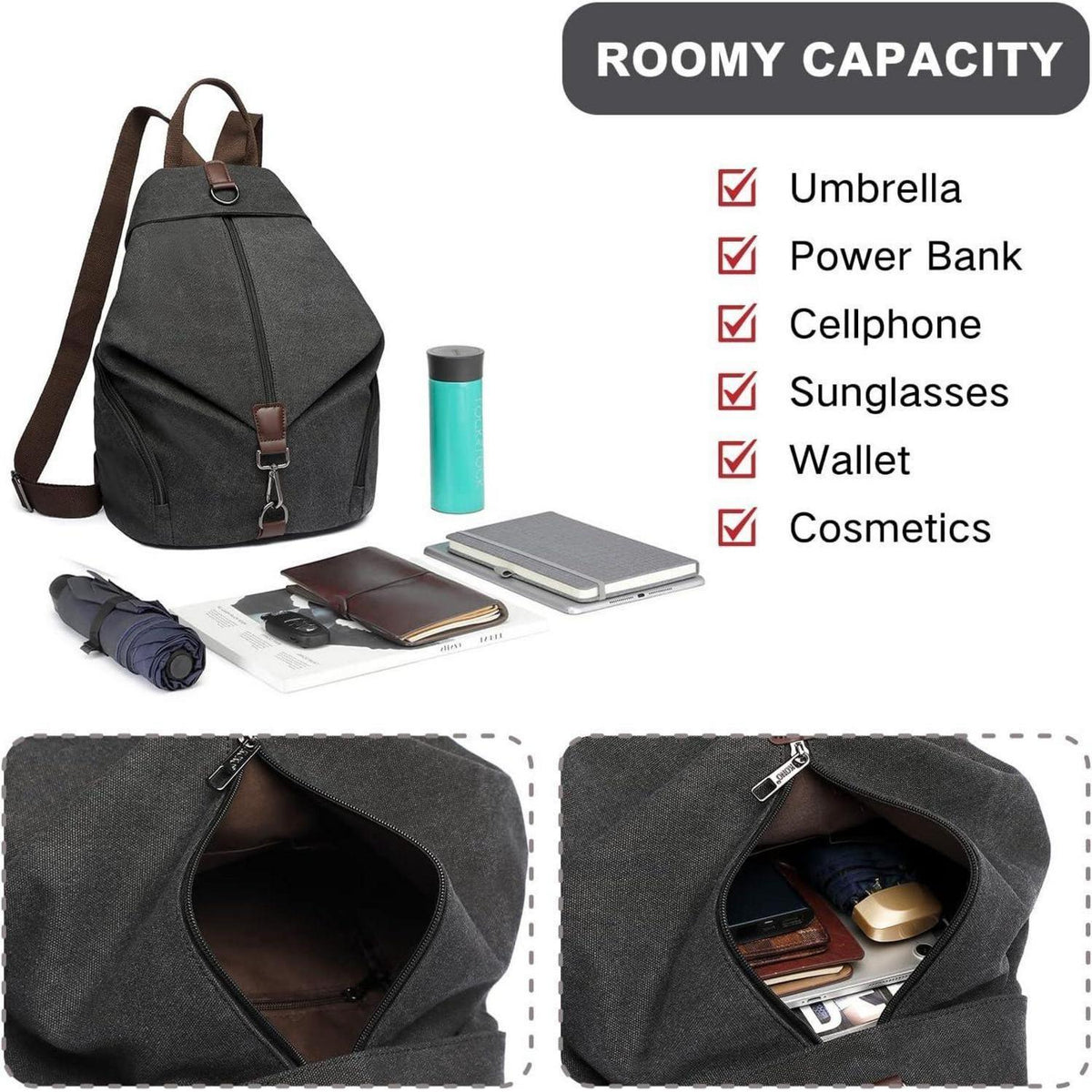 Canvas Rucksack Damen Vintage Daypack mit vielen Fächern, Schwarz