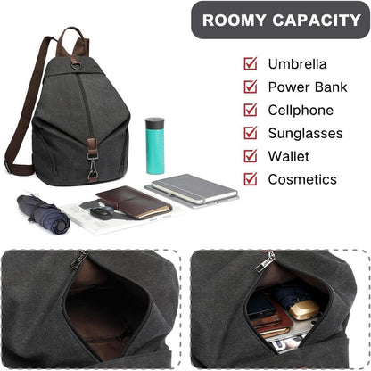 Canvas Rucksack Damen Vintage Daypack mit vielen Fächern, Schwarz