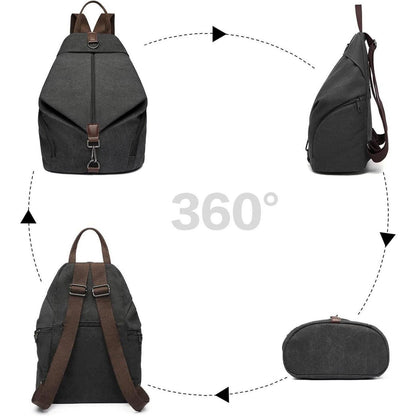 Canvas Rucksack Damen Vintage Daypack mit vielen Fächern, Schwarz